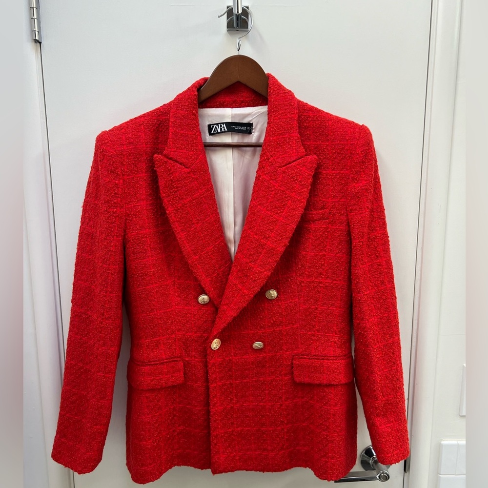 Zara XL Red Double Breasted Tweed Blazer with Gold Button Detailing